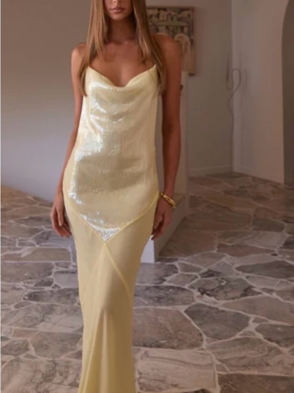 Peppermayo Pale Yellow Sequin Maxi Dress
